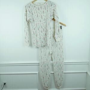 Vintage S M Thermal Pajama Set Top Pants Waffle Knit Floral 80s Cottagecore USA